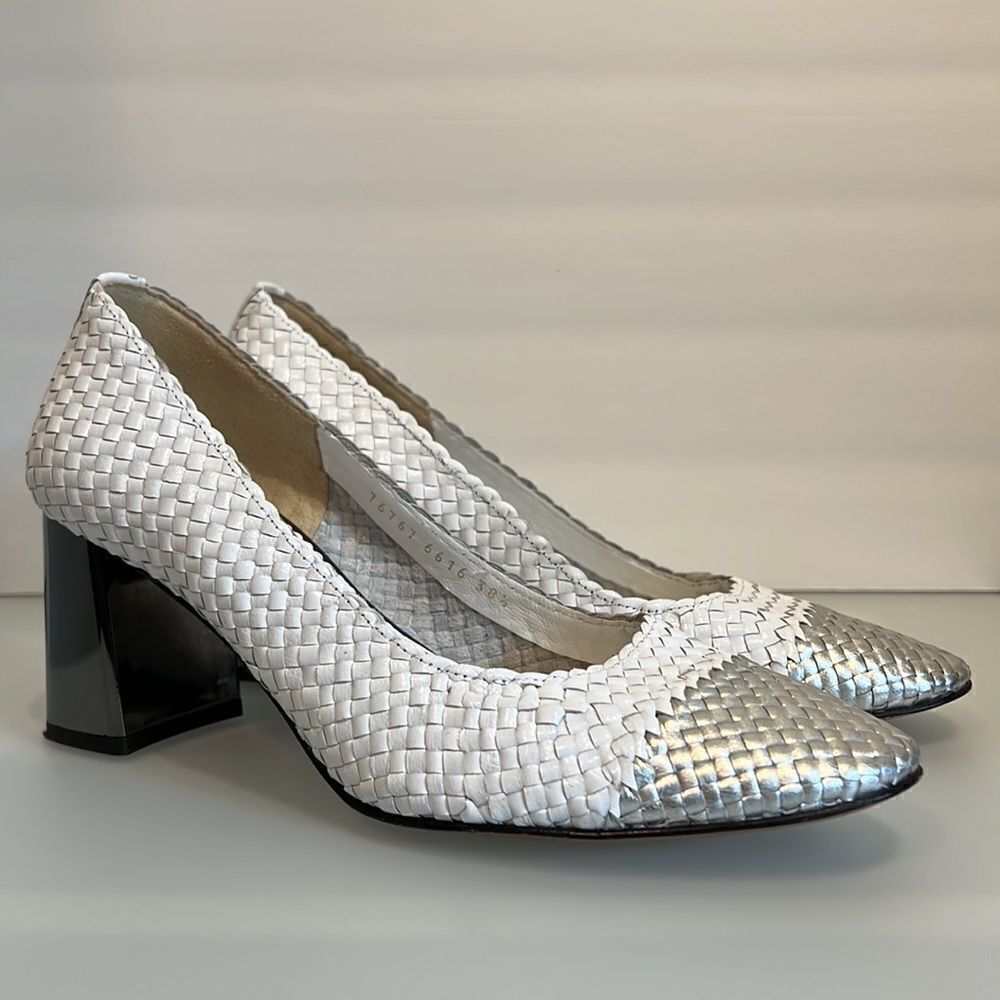 Pons Quintana White and Silver Woven‎ Leather Mirrored Heel Shoes Size 38.5/8 US